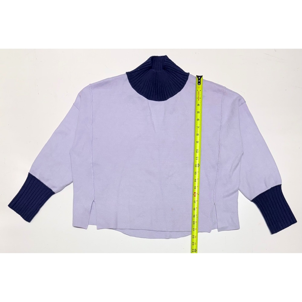 Maeve Anthropologie Lilac Navy Colorblock Mock Neck Sweater XS Boxy Slit Side
